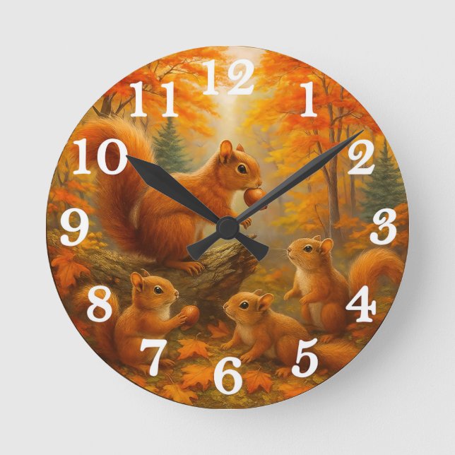 Reloj Redondo Mediano Squirrel And Child Rustic Autumn Forest Clock (Anverso)