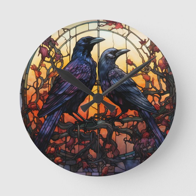 Reloj Redondo Mediano StainGlass Ravens (Anverso)
