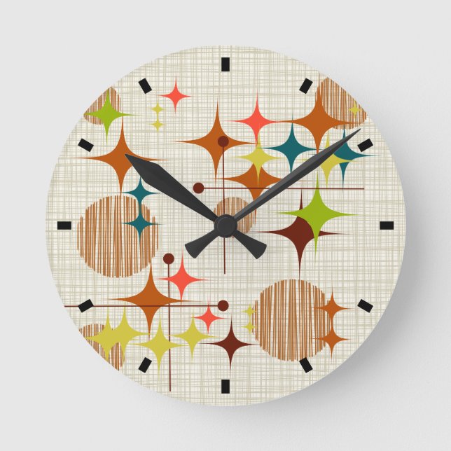 Reloj Redondo Mediano Starbursts e Globos modernos de mediados del siglo (Anverso)