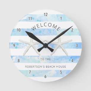 Reloj Redondo Mediano Starfish Beach Blue and White Moderne Stripe