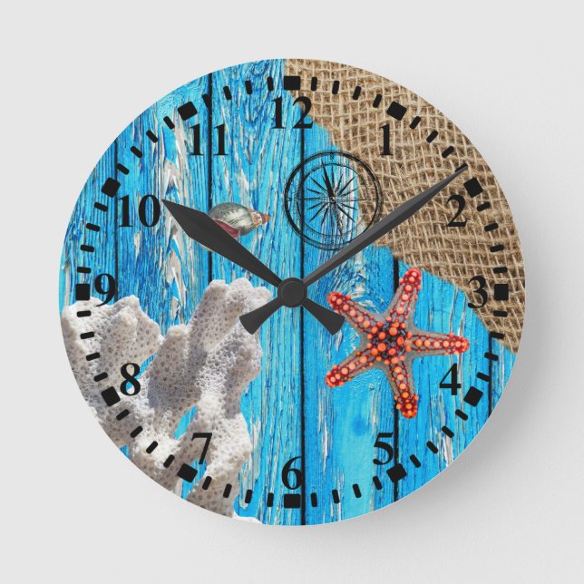 Reloj Redondo Mediano Starfish Rústico Nautical Blue Wood (Anverso)