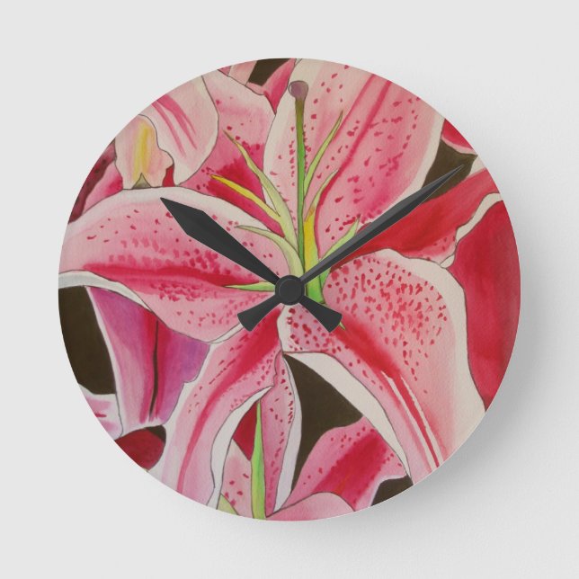 Reloj Redondo Mediano Stargazer pink lily watercolor art flower (Anverso)
