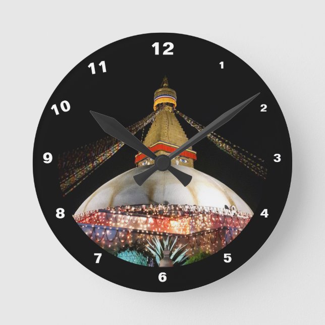 Reloj Redondo Mediano Stupa Boudhanath de noche y Katmandú/Nepal (Anverso)