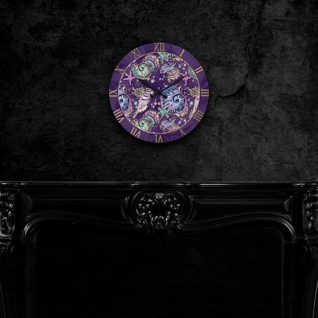 Reloj Redondo Mediano Subacuático Purple Luxe | Dark Pastel Gold Sea Lif (Subido por el creador)