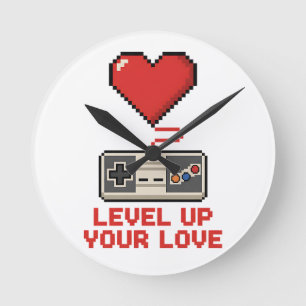 Reloj Redondo Mediano Sube de Nivel Tu Amor, Diseño de Juegos Retro en P