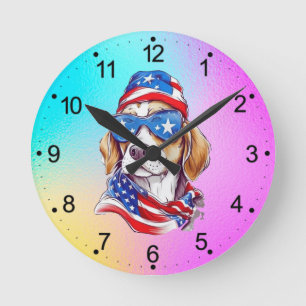 Reloj Redondo Mediano Sublimación de perro del 4 de julio-66361