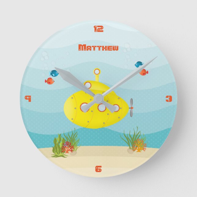 Reloj Redondo Mediano Submarino Amarillo Mar Profundo (Anverso)