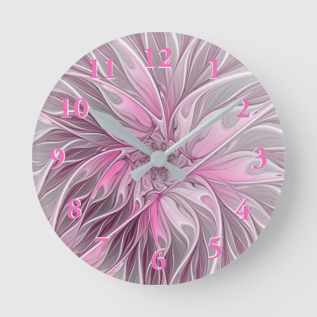 Reloj Redondo Mediano Sueño de flores rosadas fractales, patrón de fanta (Anverso)