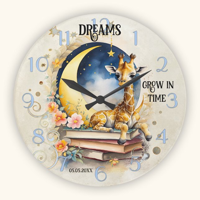 Reloj Redondo Mediano Sueño de jirafa en acuarela linda (Wall clock showing a watercolor night time illustration of a giraffe on books with a moon and stars)
