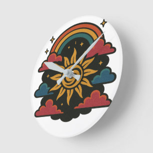 Reloj Redondo Mediano Sueños celestes - Arte Retro Sol y Tarot Arcoiris