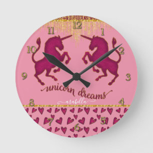 Reloj Redondo Mediano Sueños de unicornio con corazones rosados Chicas D