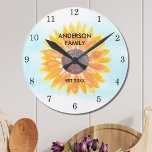 Reloj Redondo Mediano Sunflower acuarela personalizada<br><div class="desc">Este reloj de paseo floral está decorado con un girasol amarillo acuarela y un fondo azul del cielo. Hace un regalo perfecto para el hogar. Personalizable fácil. Utilice la Herramienta de diseño para cambiar el tamaño, estilo o color del texto. A medida que creamos nuestra obra de arte no encontrarás...</div>