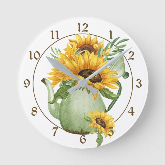 Reloj Redondo Mediano Sunflowers in Coffee Pot Pitcher Farmhouse (Anverso)