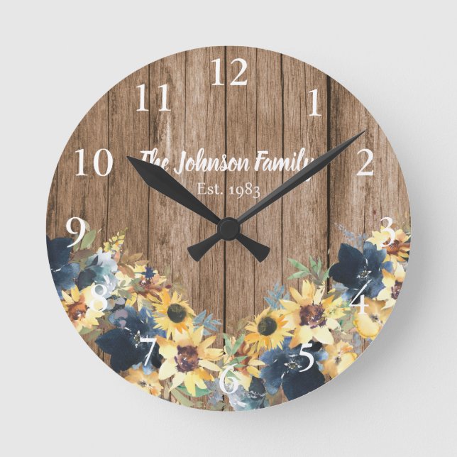 Reloj Redondo Mediano Sunflowers Rustic Wood Family Name Kitchen Clock (Anverso)
