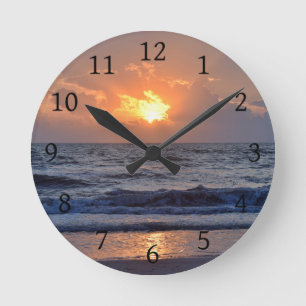 Reloj Redondo Mediano Sunset Ocean Sea Beach Naranja