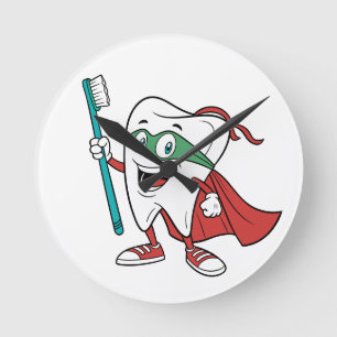 Reloj Redondo Mediano Super Tooth Héroe Clínica Dental Divertida