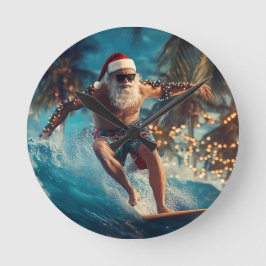 Reloj Redondo Mediano Surfing Santa Wall Clock - Fun Tropical Christmas