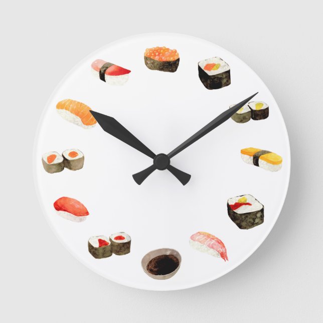 Reloj Redondo Mediano Sushi acuarela arroja marisco (Anverso)