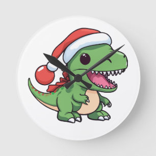 Reloj Redondo Mediano T-Rex Dinosaur Kawaii con Sombrero de Navidad