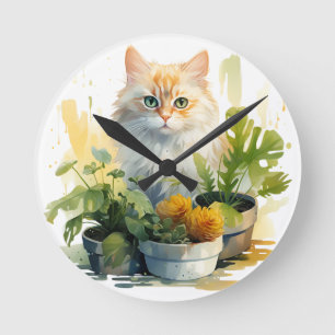 RELOJ REDONDO MEDIANO TABBY CAT, NARANJA DE COLOR DE AGUA, CON FLORES