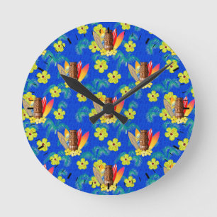 Reloj Redondo Mediano Tablas hawaianas y máscara de Tiki