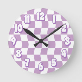 Reloj Redondo Mediano tablero de ajedrez retro pastel morado blanco ondu