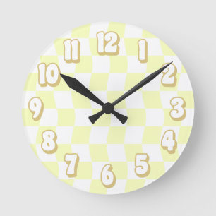 Reloj Redondo Mediano Tablero retro pastel amarillo blanco ondulado