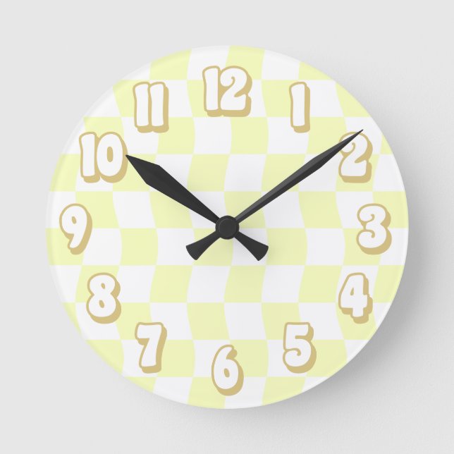 Reloj Redondo Mediano Tablero retro pastel amarillo blanco ondulado (Anverso)