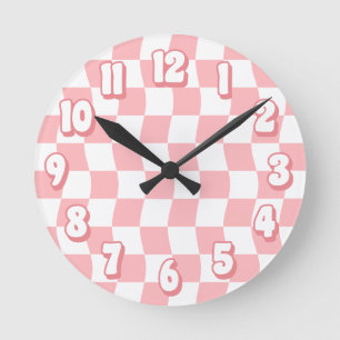 Reloj Redondo Mediano Tablero retro pastel rosa blanco ondulado