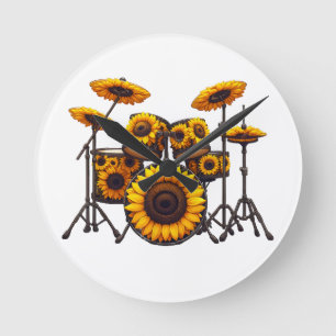 Reloj Redondo Mediano Tambores Girasol Flor Músico Música Floral