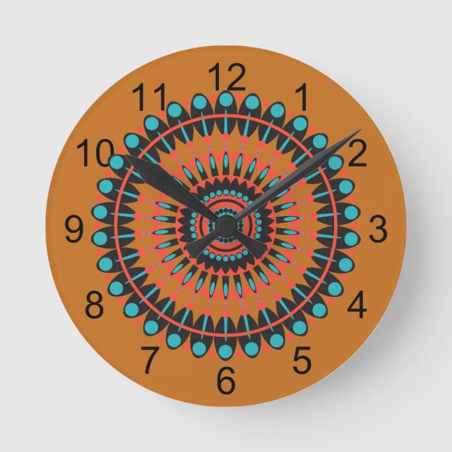 Reloj Redondo Mediano Tan y Turquoise Southwestern BOHO Mandala (Anverso)
