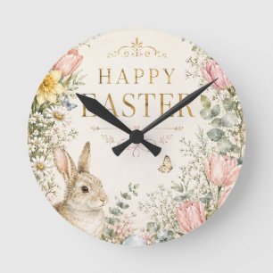 Reloj Redondo Mediano Tarjeta de Feliz Pascua en Acuarela, Pastel