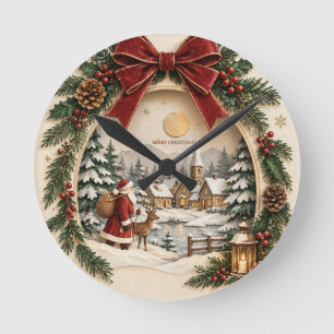 Reloj Redondo Mediano Tarjeta de Navidad pastel, Santa Claus y nieve