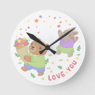 Reloj Redondo Mediano Te amo: Oso de Teddy y conejo con flores