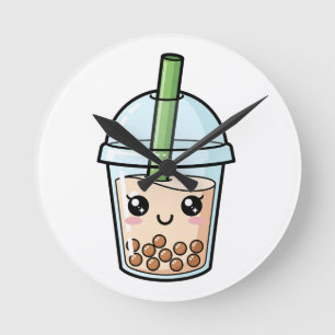 Reloj Redondo Mediano Té de burbujas sonriente Kawaii lindo