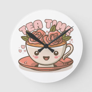 Reloj Redondo Mediano Té de Rosa Tiempo de Té Kawaii