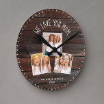 Reloj Redondo Mediano Te queremos, MAMÁ, Collage de fotos moderno.<br><div class="desc">Reloj de collage moderno de 3 fotos con un mensaje de personalizable que ahora lee WE LOVE YOU MOM, con 3 cuadros de fotos favoritas debajo de un rústico estilo casa de campo (impreso) de fondo de madera oscura. Hazlo propio añadiendo tus nombres y el año siguiente. Un regalo único...</div>