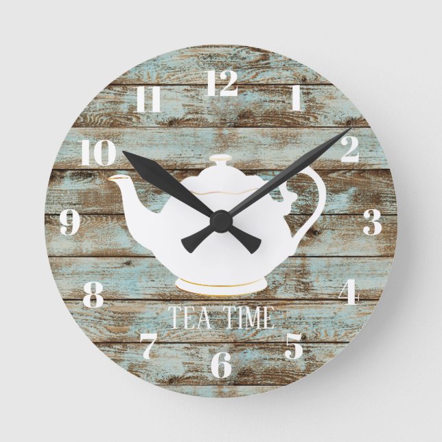 Reloj Redondo Mediano Tea Time Elegant Teapot Rustic Barn Wood (Anverso)