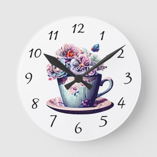 Reloj Redondo Mediano Teacup antiguo con flores de época (Anverso)