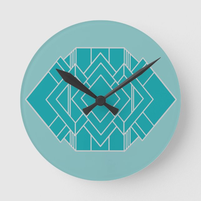 Reloj Redondo Mediano Teal Art Deco Quilt Inspired  (Anverso)