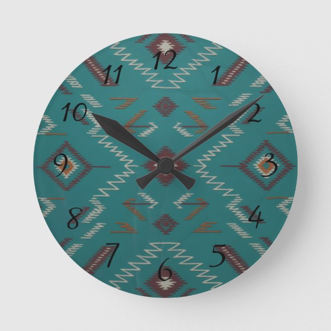 Reloj Redondo Mediano Teal Southwest Navajo Geometric (Anverso)