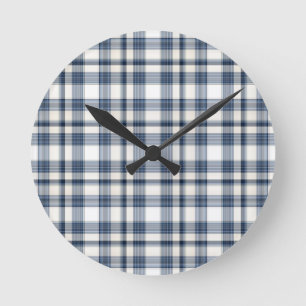 Reloj Redondo Mediano Tela escocesa blanca azul 1