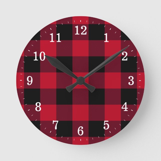 Reloj Redondo Mediano Tela escocesa rústica del búfalo rojo y negro (Anverso)