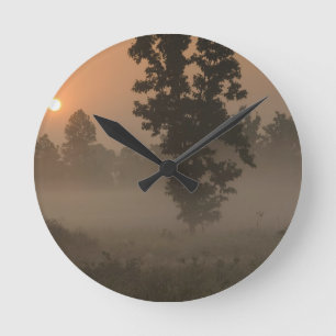 Reloj Redondo Mediano Temprano por la mañana, sol naciente y niebla subt