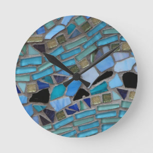 Reloj Redondo Mediano Teselas Mosaico de Azul y Verde