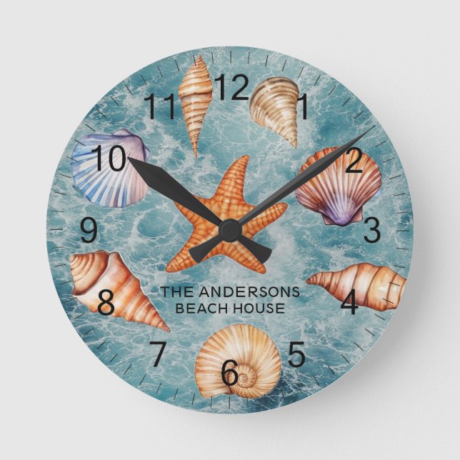 Reloj Redondo Mediano Tesoro de conchas marinas costeras modernas    (Anverso)