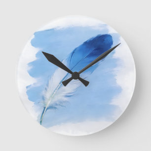 Reloj Redondo Mediano Textura 3D Impasto Pluma Azul Cobalto Arte Moderno