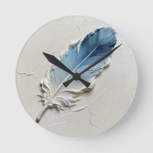 Reloj Redondo Mediano ⁠Textura 3D Impasto Pluma Azul Elegante Moderna⁠