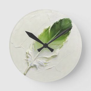 Reloj Redondo Mediano Textura 3D Impasto Pluma Verde Elegante Moderna