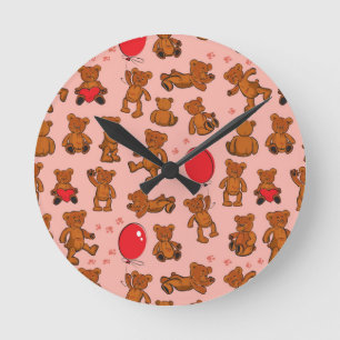Reloj Redondo Mediano Textura Con Osos De Teddy, Corazones